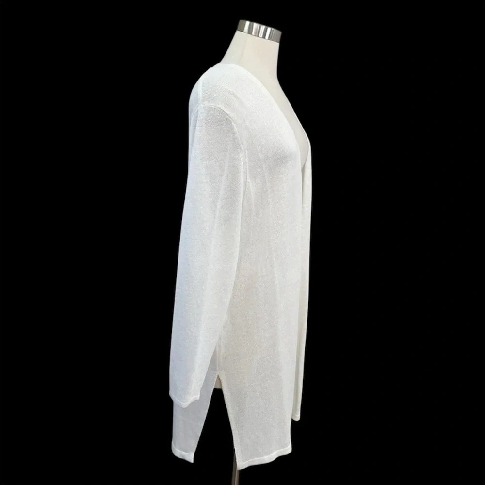 NEW J.Jill Linen White Open Front Long Sweater Knit Cardigan Neutral Coastal L - Picture 4 of 8